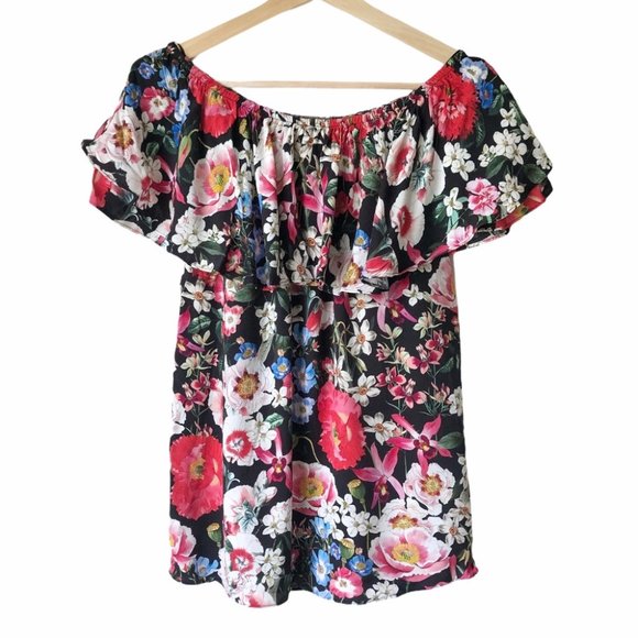 Zara Black Floral Off the Shoulder Ruffle Top XS - Picture 5 of 8